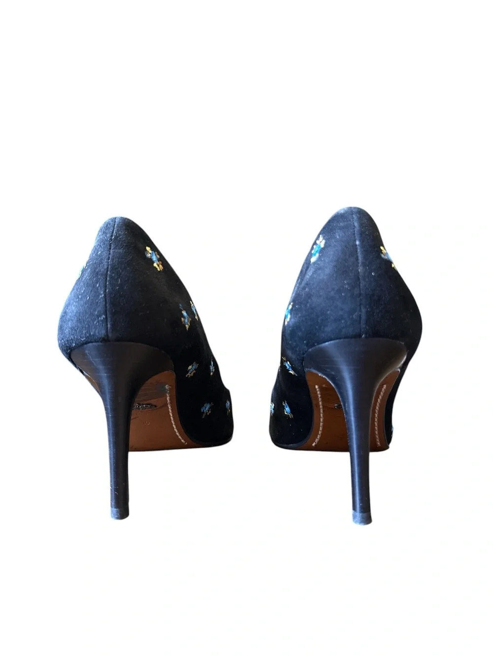Coach Black Pointed-Toe Stiletto Pumps with Blue & Gold Floral Embroidery